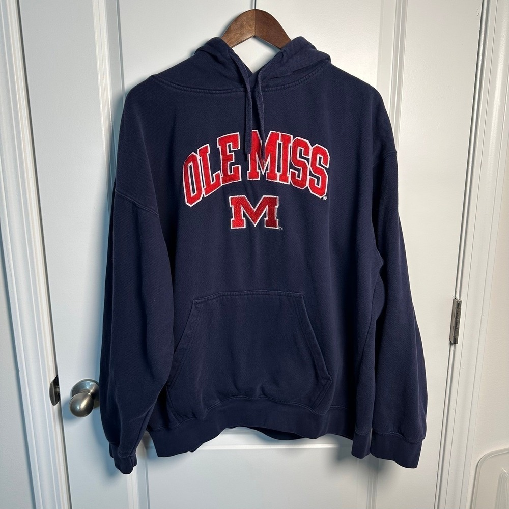 Genuine Stuff Ole Miss Rebels Mens Large Navy Blue Embroidered Hoodie Sweatshirt - Picture 2 of 8
